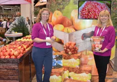 Maggie Travis and Jill Hughey proudly show Pennsylvania-grown Honeycrisp apples and new boxes for Honeycrisp. Once the harvest season in Pennsylvania finishes, harvest will shift to Nova Scotia.